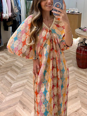 Robe midi plissée à manches bouffantes et imprimé mosaïque unique