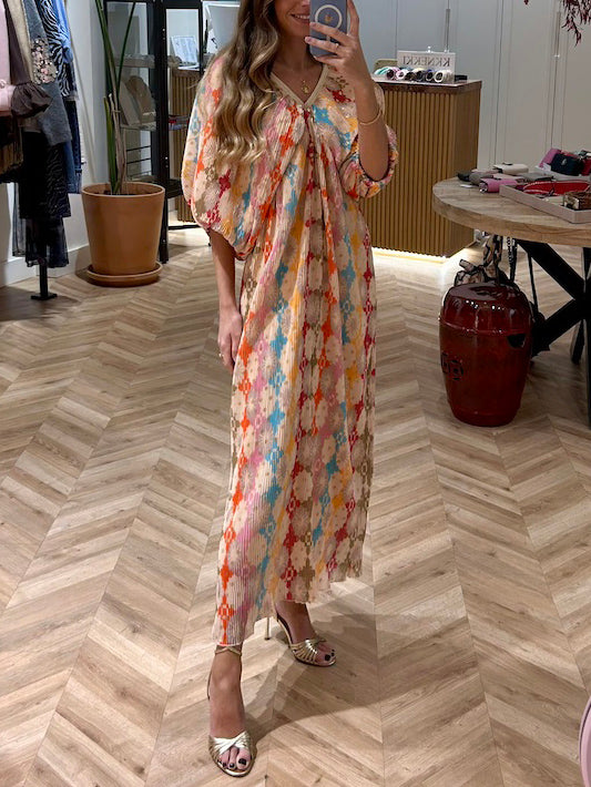 Einzigartiges plissiertes Midikleid mit Puffärmeln und Mosaik-Print