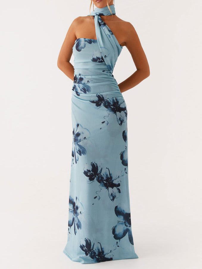 Elegant Floral Print Off-the-shoulder Maxi Dress
