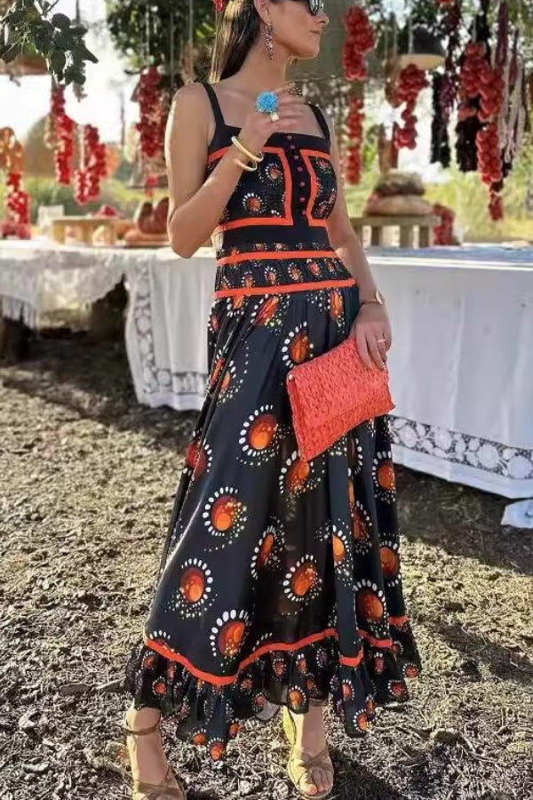 Elegant Printed Square Neck High Waisted Pleated Midi Dress