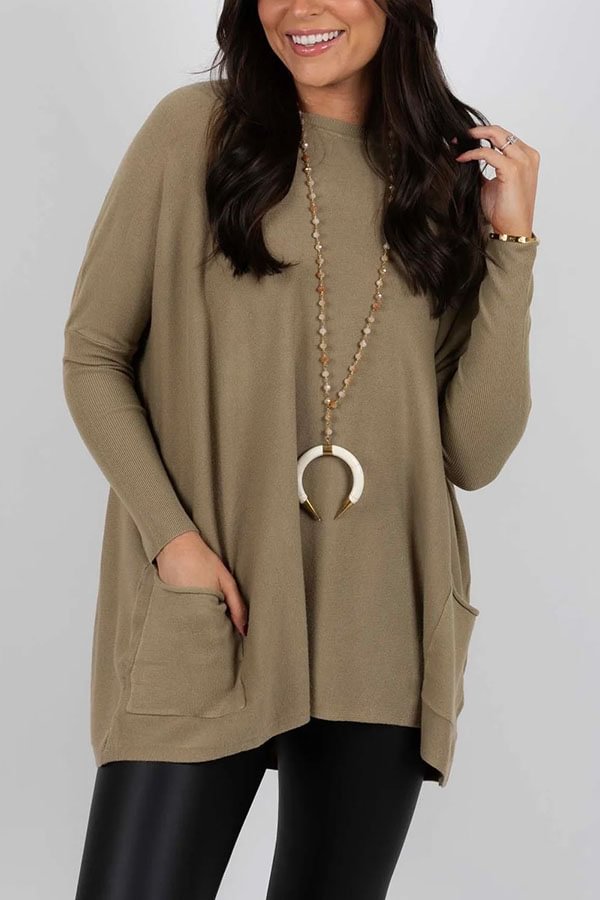 Winter Melodies Knit Crew Neck Front Pockets Oversized Sweater Taupe