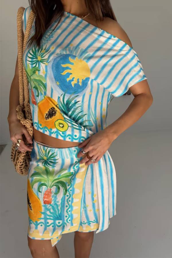 See You in Rio Tropical Fruits Print One Shoulder Wide Sleeve Loose Shirt