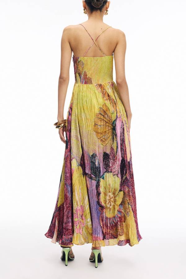 Vibrant and Bold Floral Print Sweetheart Neck Pleated Maxi Dress
