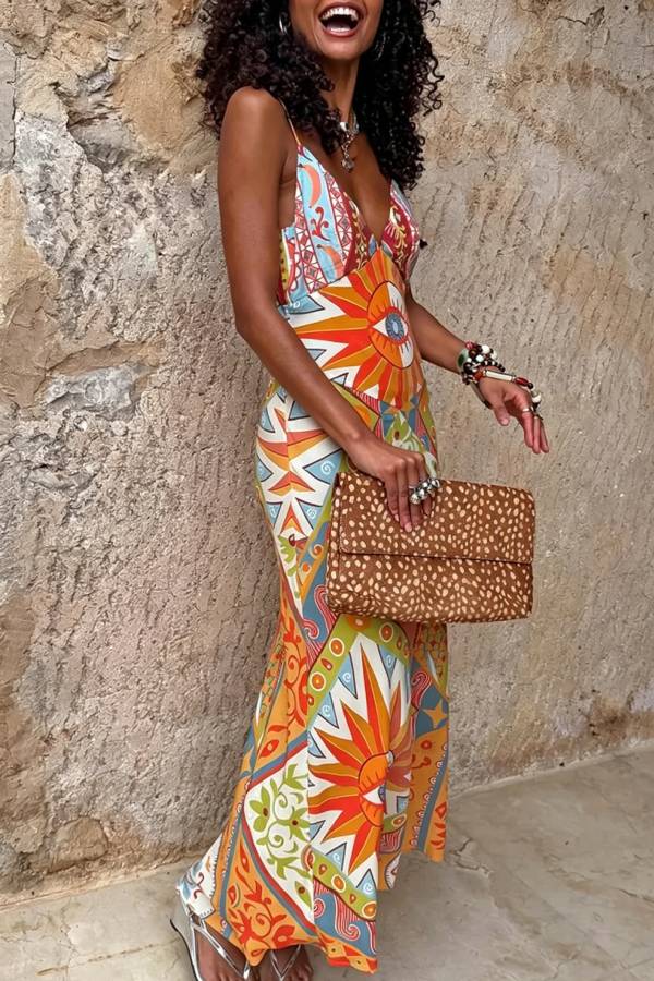Streets of Spain Unique Art Print V-neck Slip Drape Maxi Dress