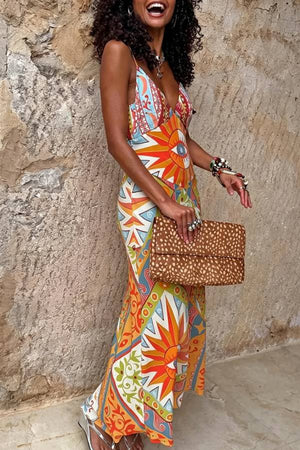 Streets of Spain Unique Art Print V-neck Slip Drape Maxi Dress
