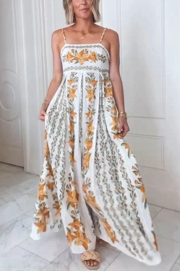 Summer Dreamer Linen Blend Unique Print Beaded Straps Pocketed Maxi Dress