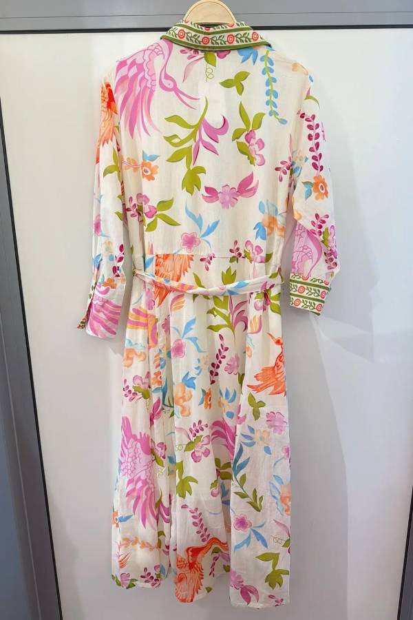 Bohemian Floral Bird Print Shirt Dress With Waist Belt