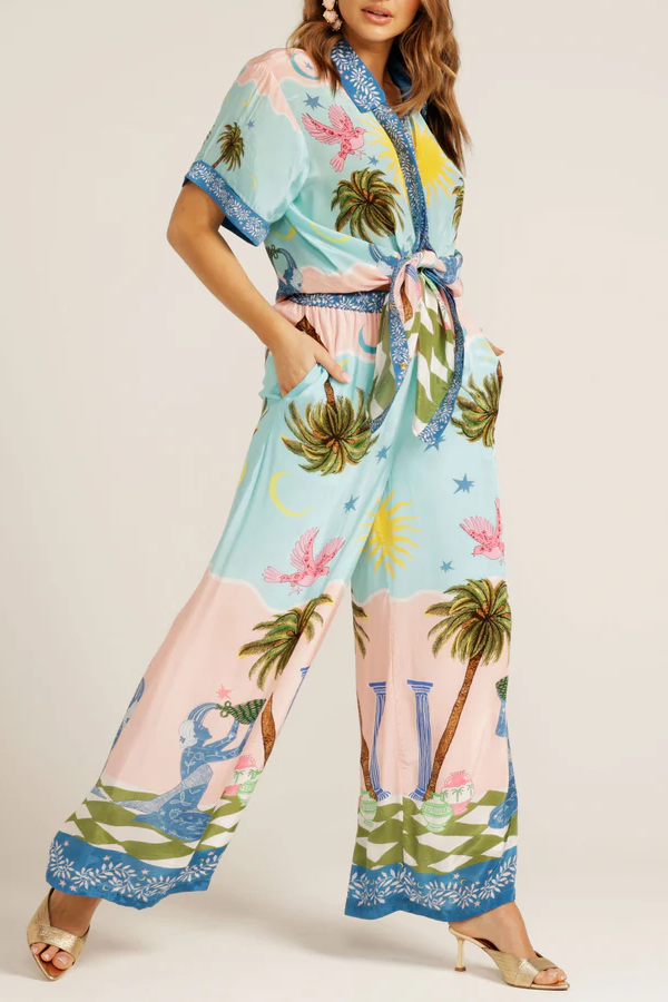 Unique Cree Ethnic Hand-Painted Print Elastic Pocket Wide-Leg Pants Blue