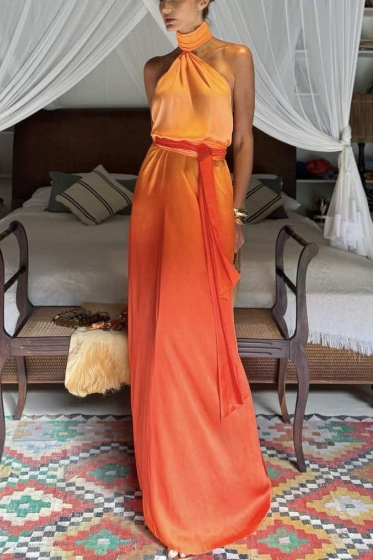Chase The Sun Gradient Print High Neck Backless Tie-up Maxi Dress Orange