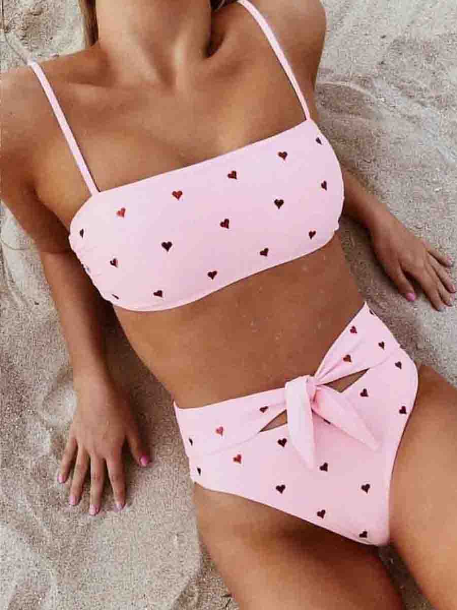 Little Red Heart Print Two pieces Swimsuit( 3 Colors) Pink