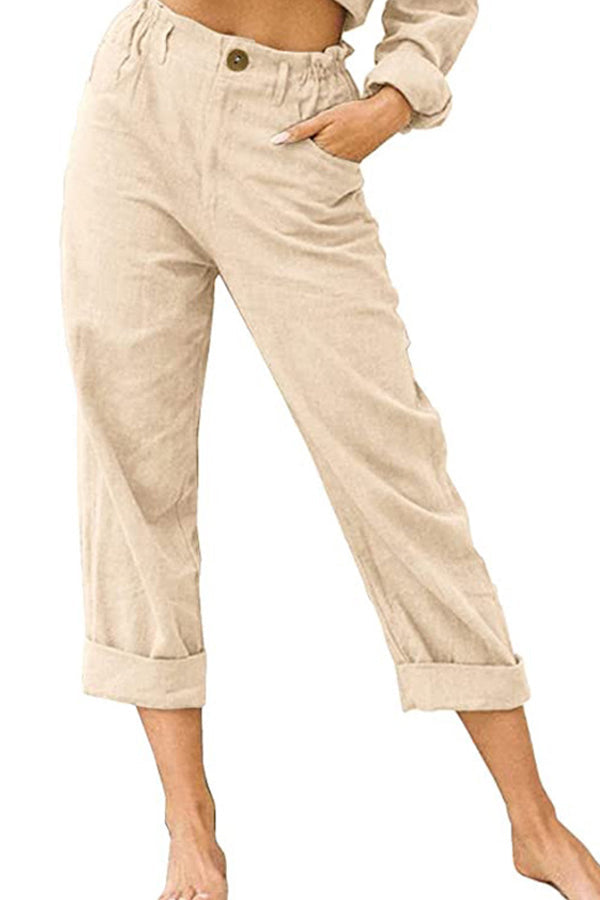 Solid color cotton and linen fashionable loose high waist casual pants Beige