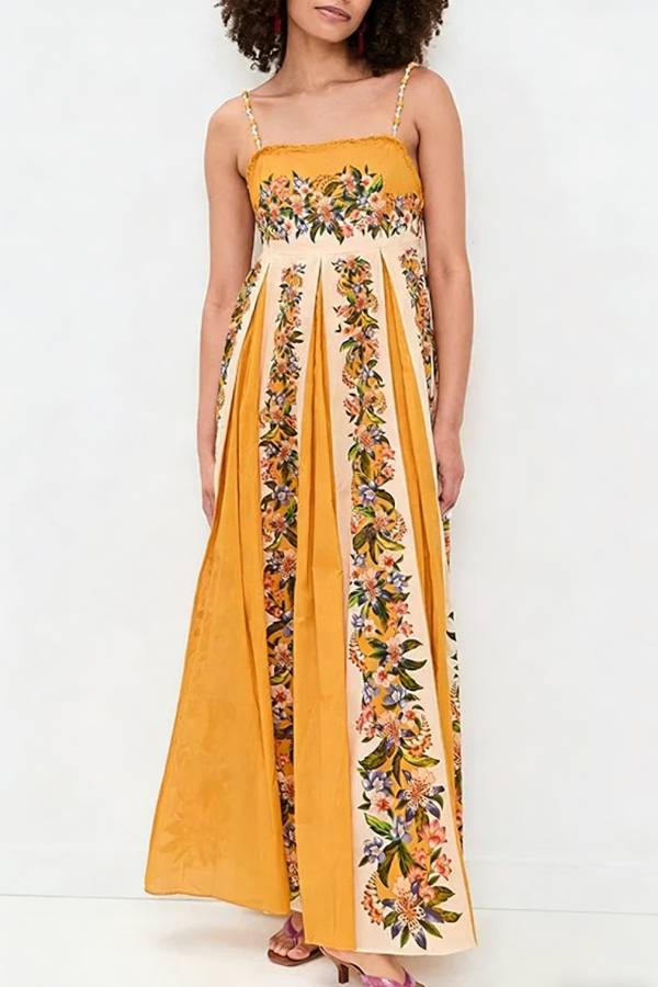 Bloom Bright Linen Blend Floral Print Beaded Shoulder Straps Pocket Maxi Dress