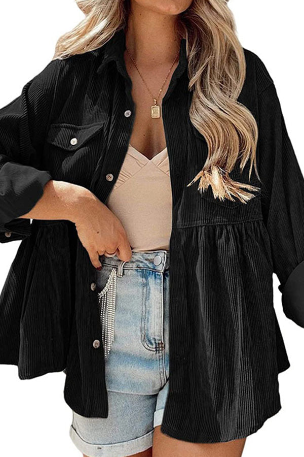 women's long sleeve corduroy ruffled shirt top button down shirt