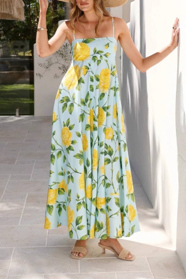 Light Blue Base with Yellow Rose Print Strappy Waisted Maxi Dress