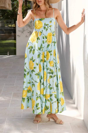 Light Blue Base with Yellow Rose Print Strappy Waisted Maxi Dress