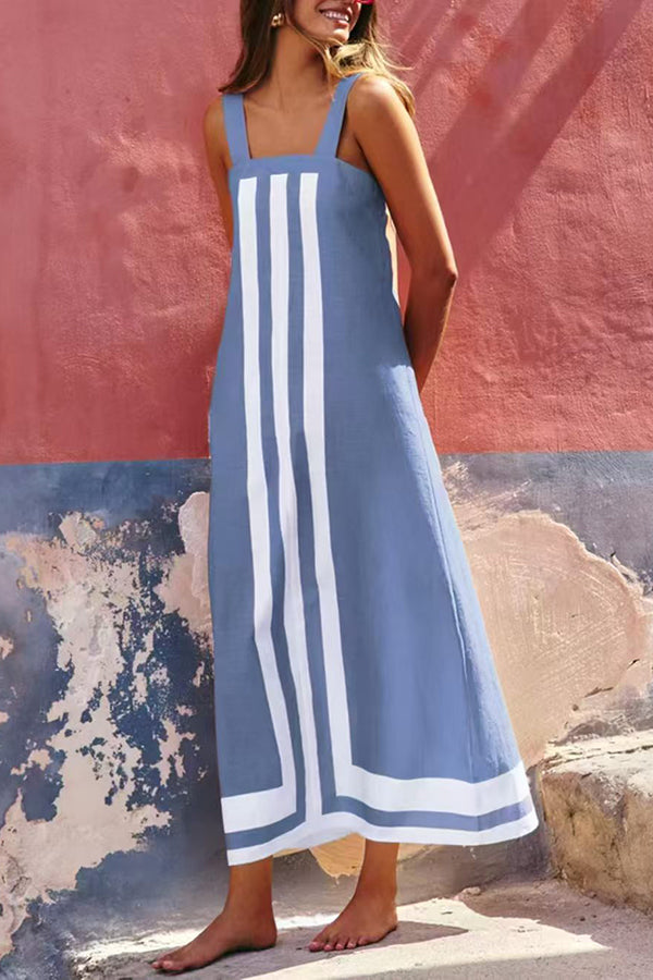 Striped Print Resort Style Casual Sling Maxi Dress Blue