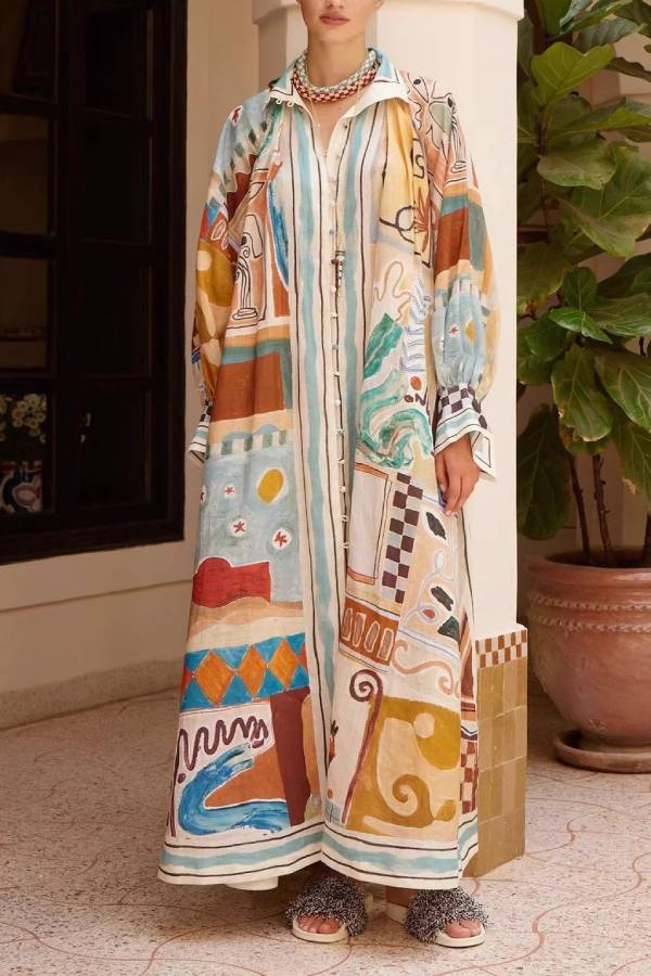 Abstract Art Print Loose Long Shirt Dress