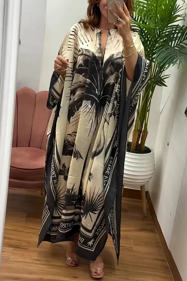 Flora Flamingo Print V-neck Loose Holiday Maxi Dress