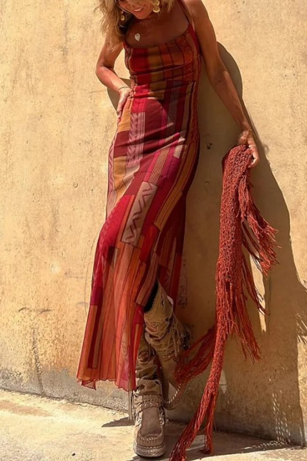 Gypsy Style Unique Print Cowl Neck Back Lace-up Slit Midi Dress Yellow