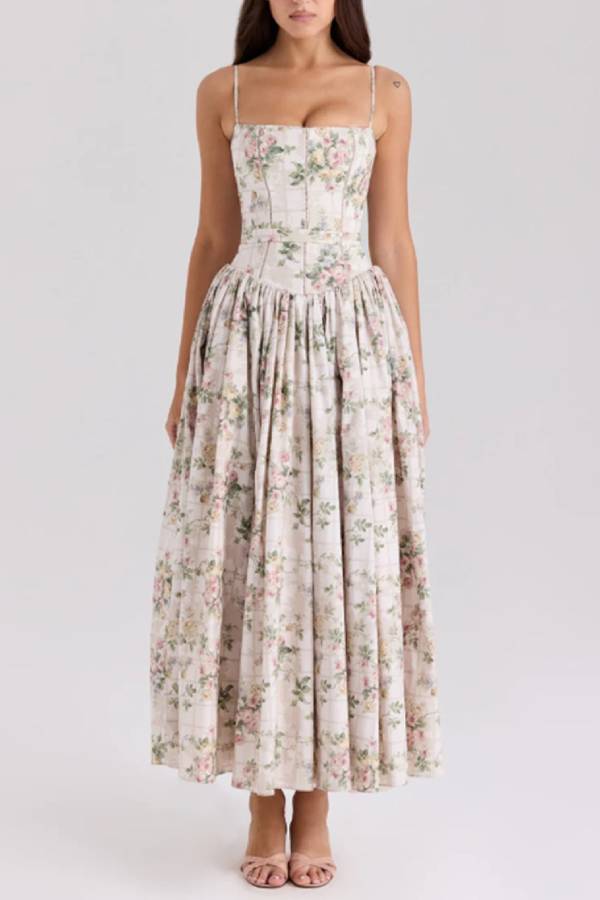 Spaghetti Strap Corset Floral Midi Dress