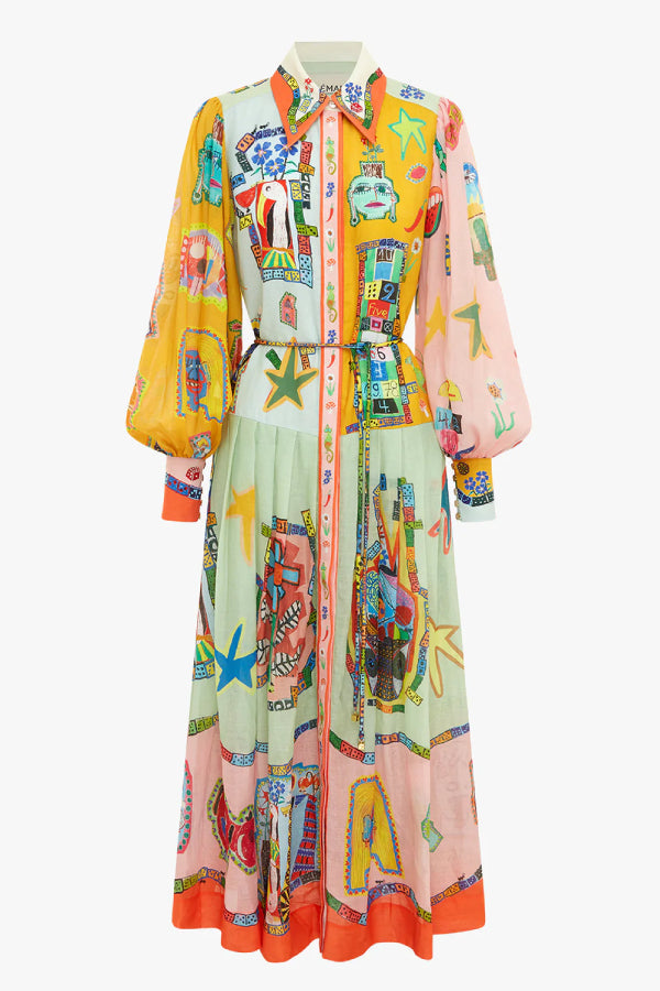 Set for Vacay Unique Print Colorblock Balloon Sleeve Belt Shirt Maxi Dress