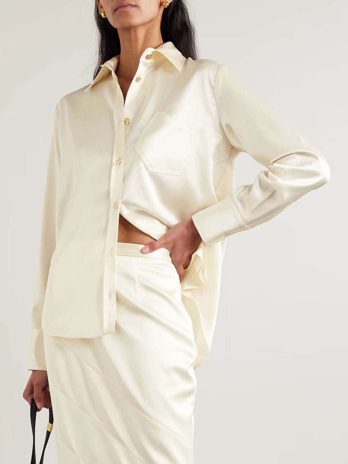 Elegant Satin Button-Embellished Long-Sleeve Shirt