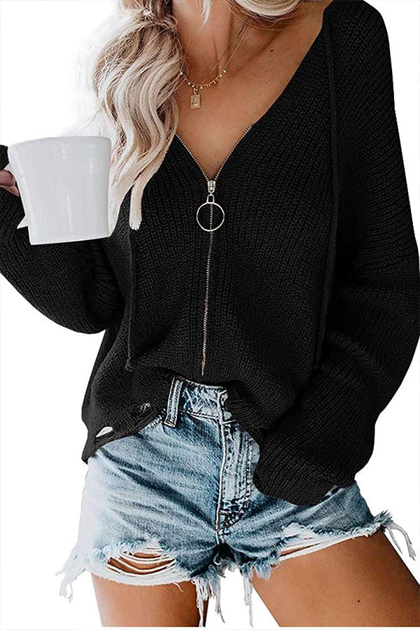 Hooded Zipper Irregular Loose Sweater Black