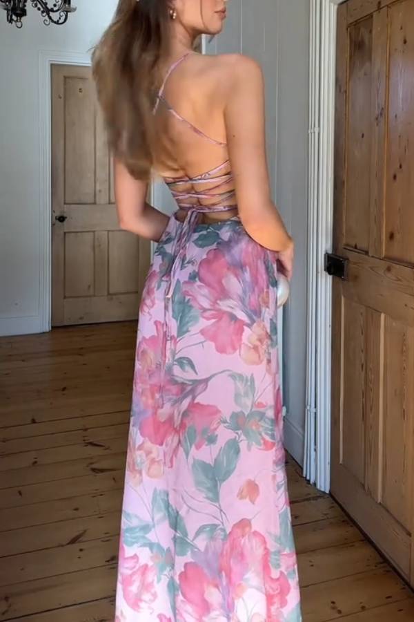 Watercolor Floral Spaghetti Strap Waist-Cinched Maxi Dress