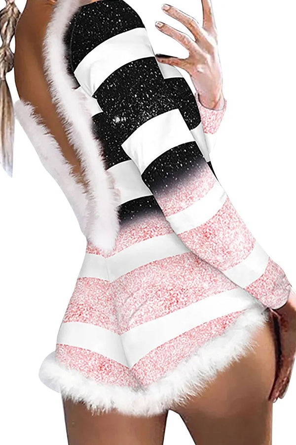 Feather Christmas Print Long Sleeve Backless Rompers 4