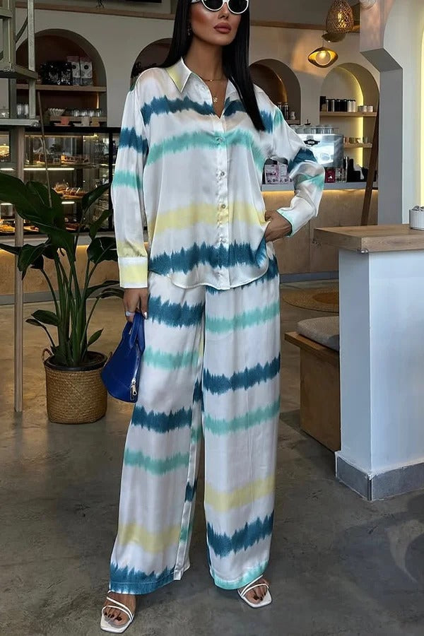Lizbeth Satin Tie Dye Print Long Sleeve Shirt and Elastic Waist Pocketed Pants Set White