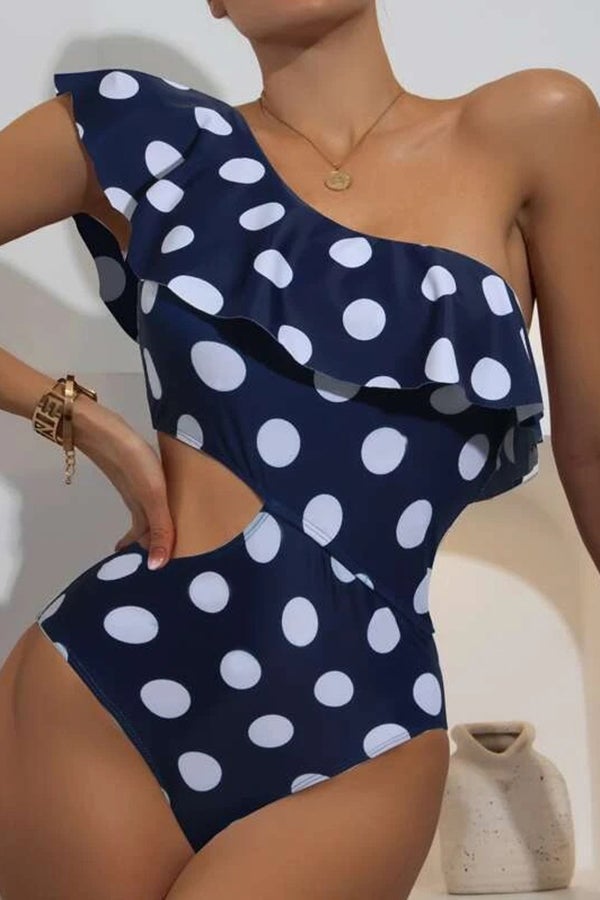 One-shoulder Ruffled Polka Dot One-piece Swimsuit Navy blue