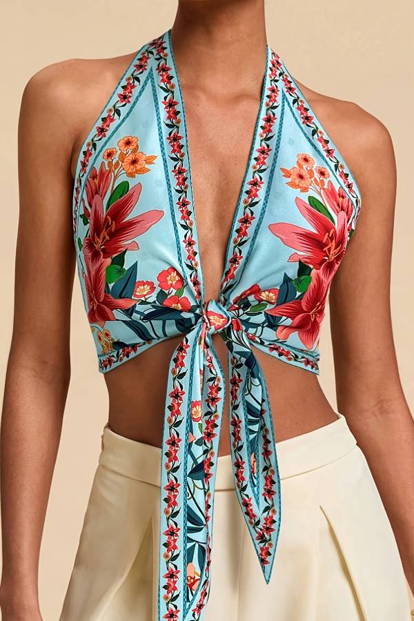 Vintage Floral Halter Tie Backless Crop Cami Top