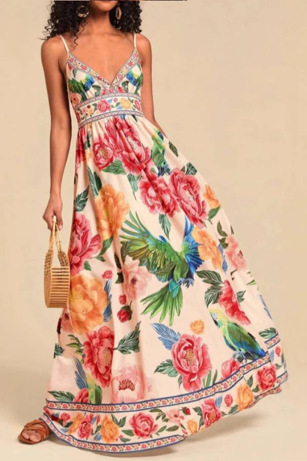 Peony & Parrot Print V-Neck Smocked Waist Cami Maxi Dress