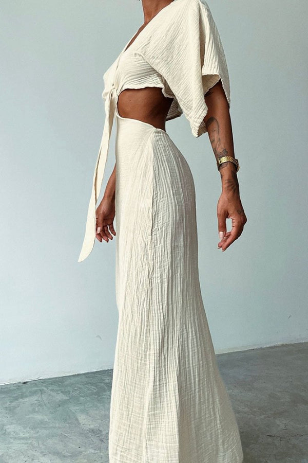 Lace-up Exposed Waist Cotton and Linen Dress Apricot