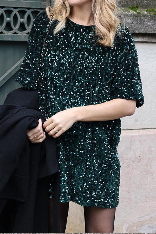 Skobeloff Velvet Sequin Short Sleeve Mini Dress SKOBELOFF