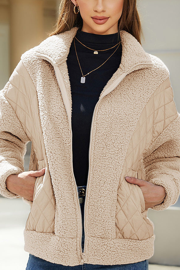 Fashion long sleeve cardigan zipper plush patchwork women's jacket apricot L