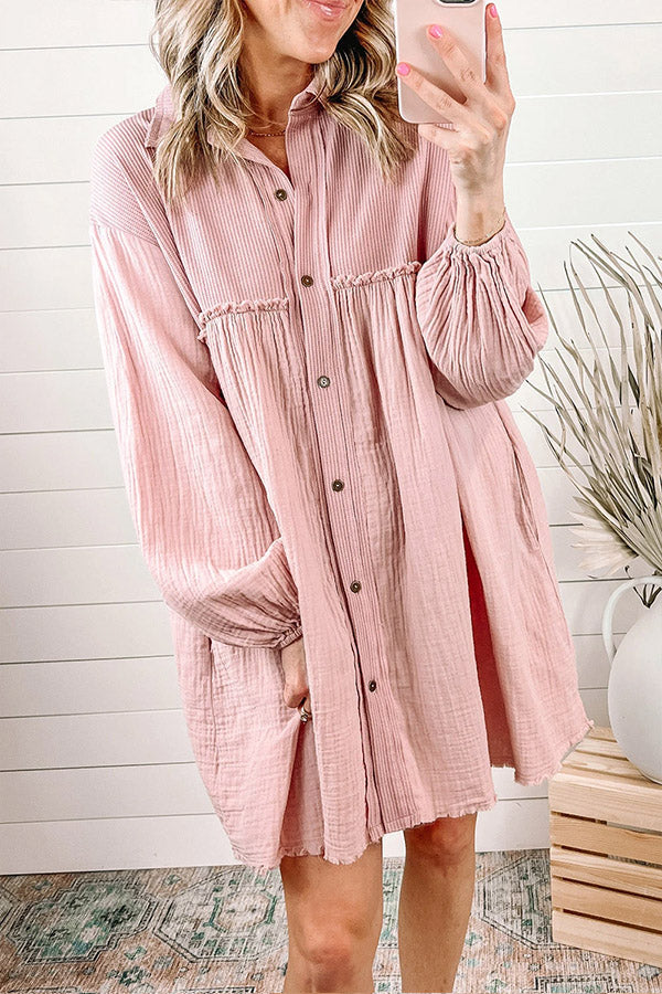 Patchwork Crinkled Puff Sleeve Raw Hem Dress Pink