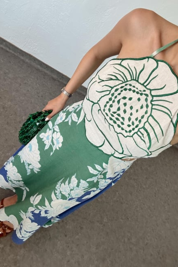 Linen Blend Flower Detail Back Lace-up Halter Midi Dress