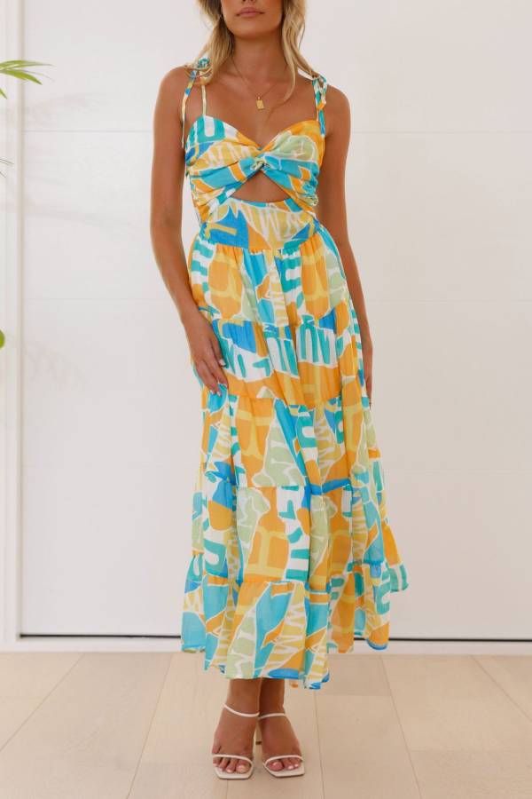 Multi-Color Print Twist Cutout Tie Strap Tiered Maxi Dress