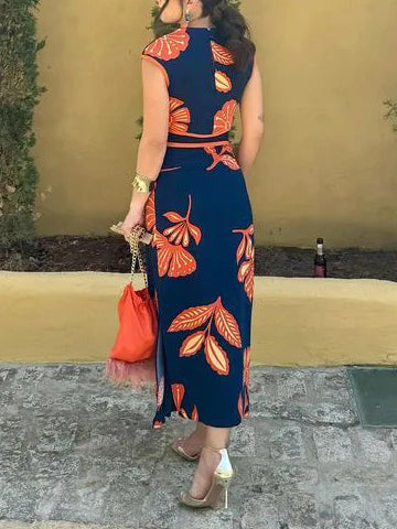 Jupe fendue à imprimé floral et végétal exquis