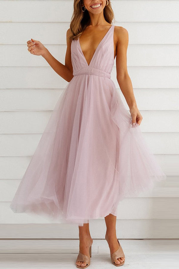 Summer Sexy Mesh Dress V-Neck Flowy Dress Dress Pink
