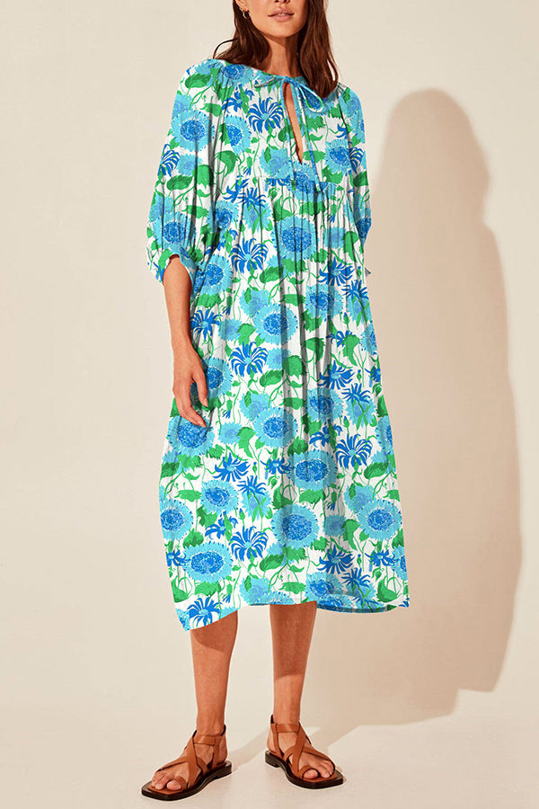 Lantern sleeve V-neck tie floral dress 5