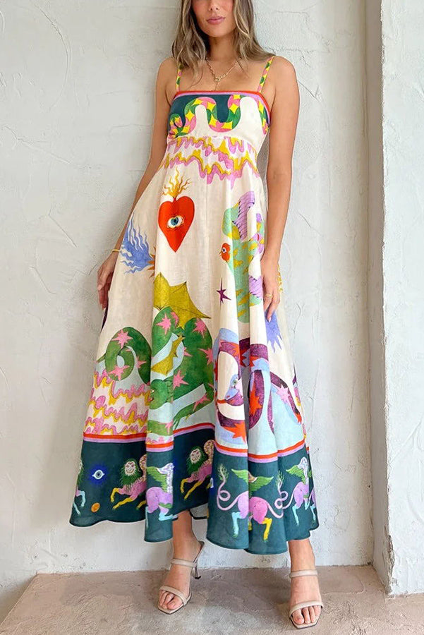 Feel Effortlessly Linen Blend Unique Print Smocked Back Midi Dress MULTICOLOR