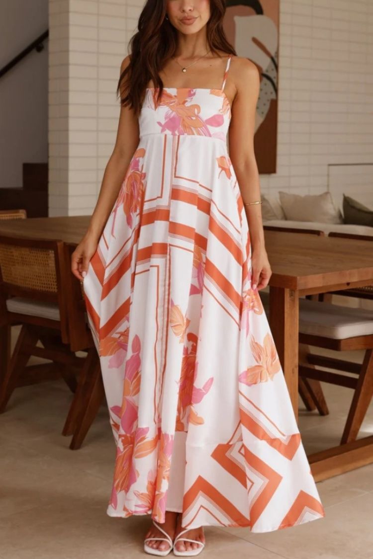 Printed Ruffle Suspender Maxi Dress Orange