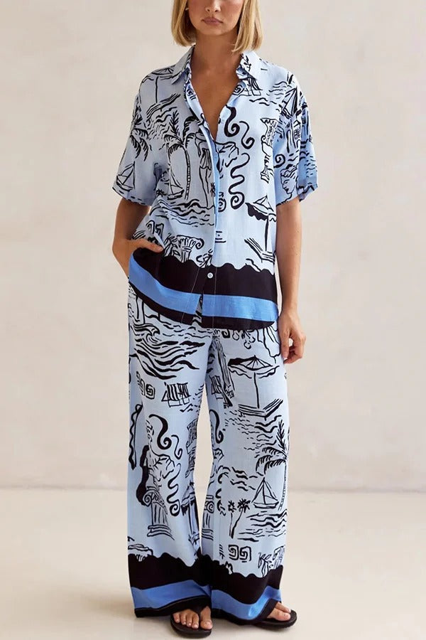 Fashionable Plant Print Loose Lapel Short Sleeve Shirt and Casual Elastic Waist Pocket Pants Set