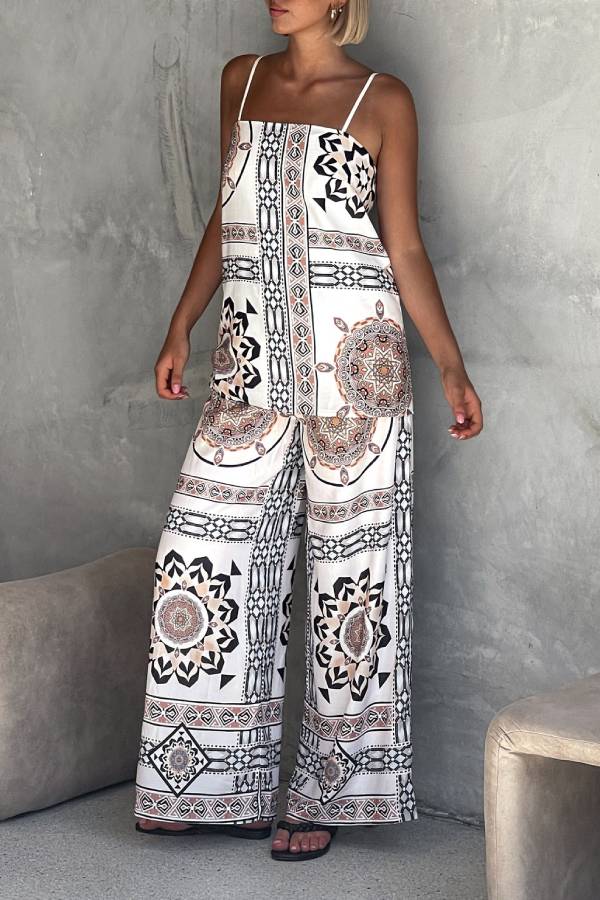 Unique Print Loose Casual Tank Top and Elastic Waist Wide Leg Straight Pants Set