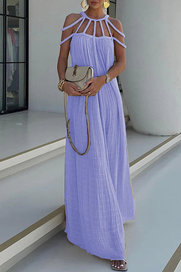 Modern and Sophisticated Linen Blend Draped Braids Cover Up Maxi Dress Purple