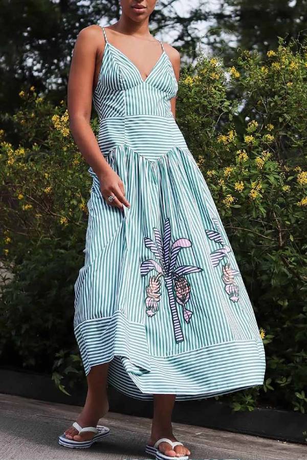 Exquisite V-neck Striped Banana Tree Print Midi Dress