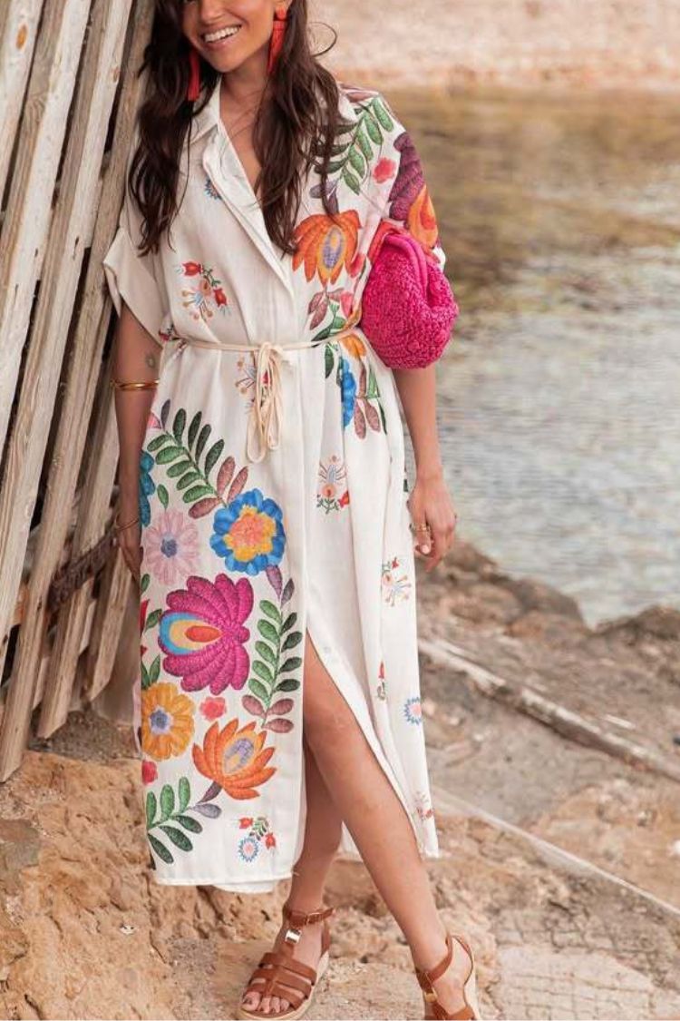 Plant Print Lapel Short Sleeve Waist Tie Loose Vacation Midi Dress