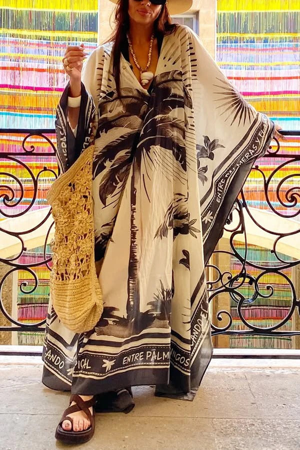 Flora Flamingo Print V-neck Loose Holiday Maxi Dress